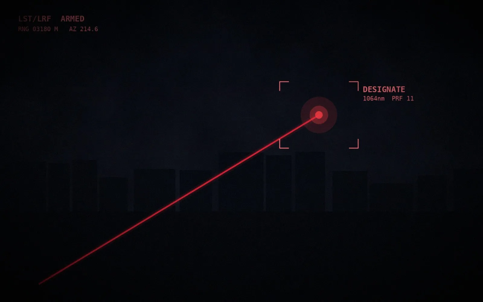 Simulated laser designation view with beam converging on a marked urban target
