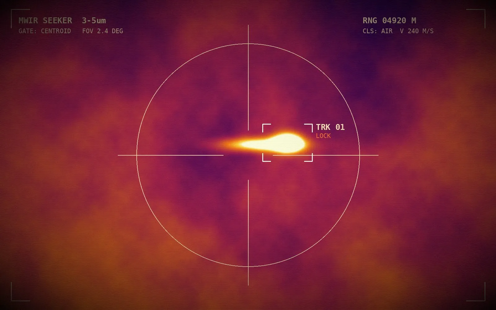 Simulated MWIR seeker display tracking a hot airborne target with lock indicator