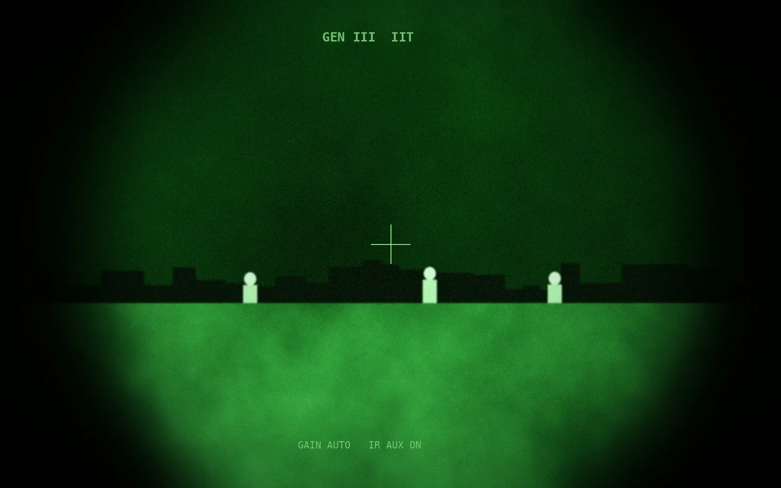 Simulated image-intensified night vision view with green phosphor and detected figures