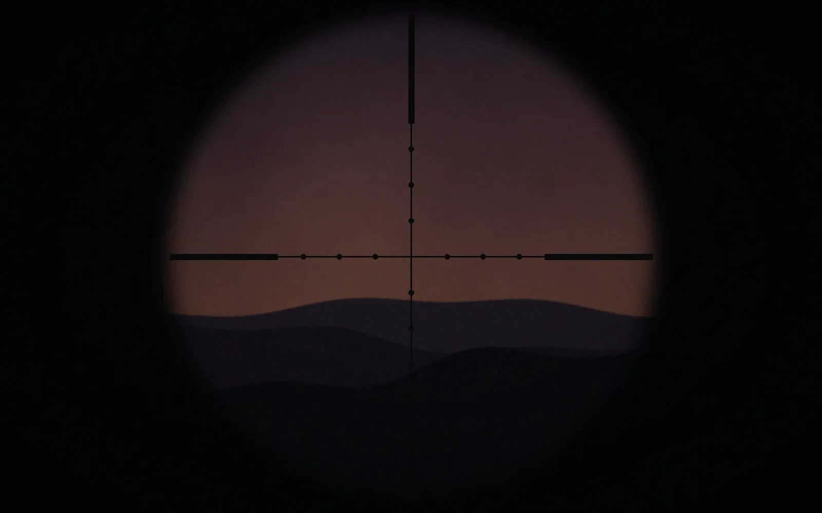 Simulated rifle scope sight picture with mil-dot reticle over a dusk landscape