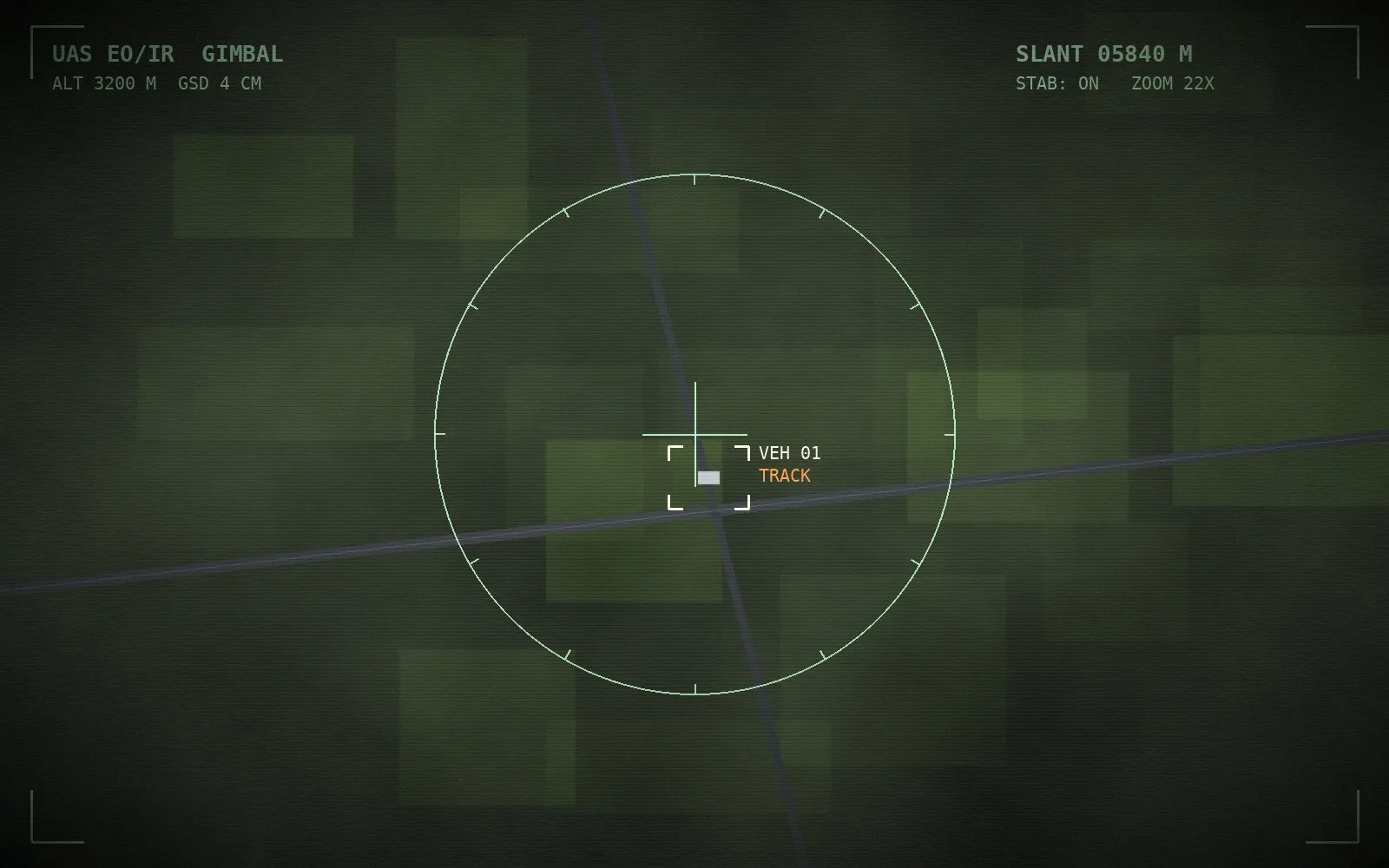 Simulated UAS gimbal view tracking a vehicle from altitude